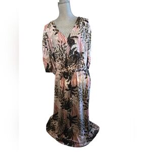 Ellos Leaf Print Dress Mock Wrap US Plus Size 30/32 3X Stretchy Pink Black Wht